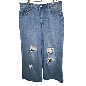 Madden Girl Distressed Wide Leg Barrel Medium Wash Denim Jeans